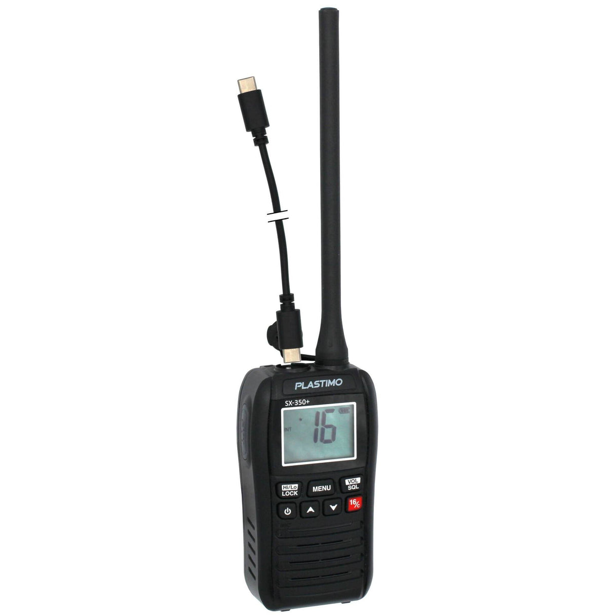 VHF portátil Plastimo SX-350 — detalle puerto de carga USB-C