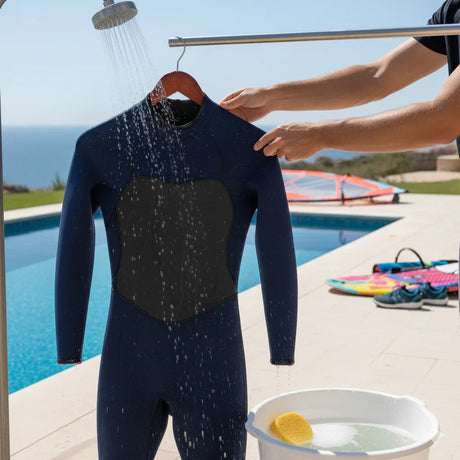 Traje de neopreno para vela ligera siendo lavado con agua dulce