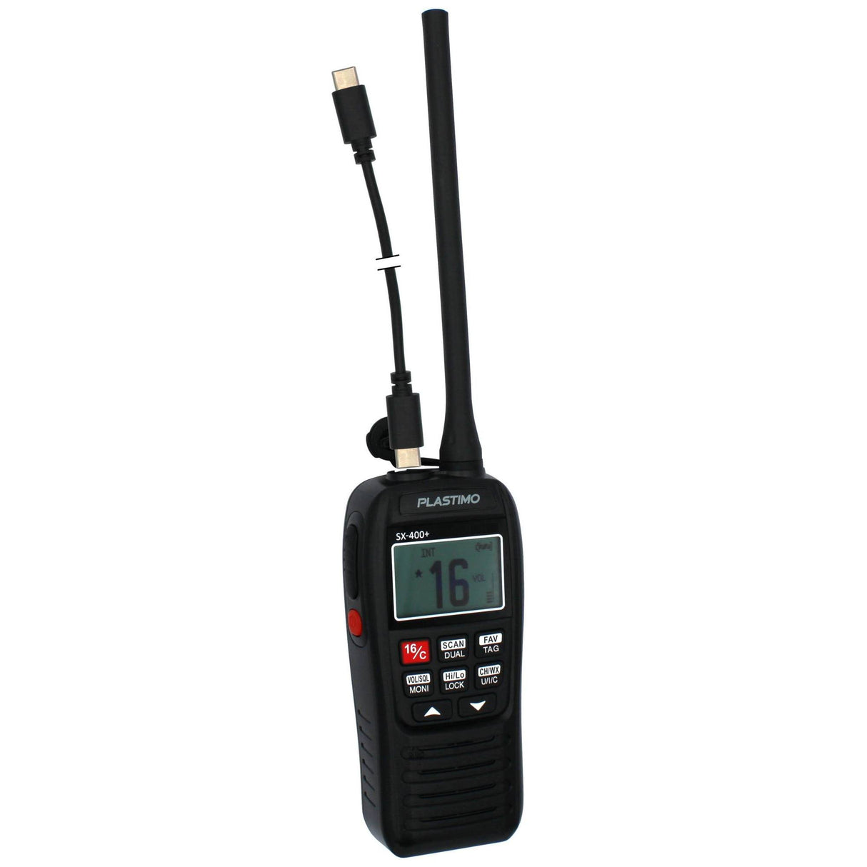 VHF portátil Plastimo SX-400 — detalle puerto de carga USB-C